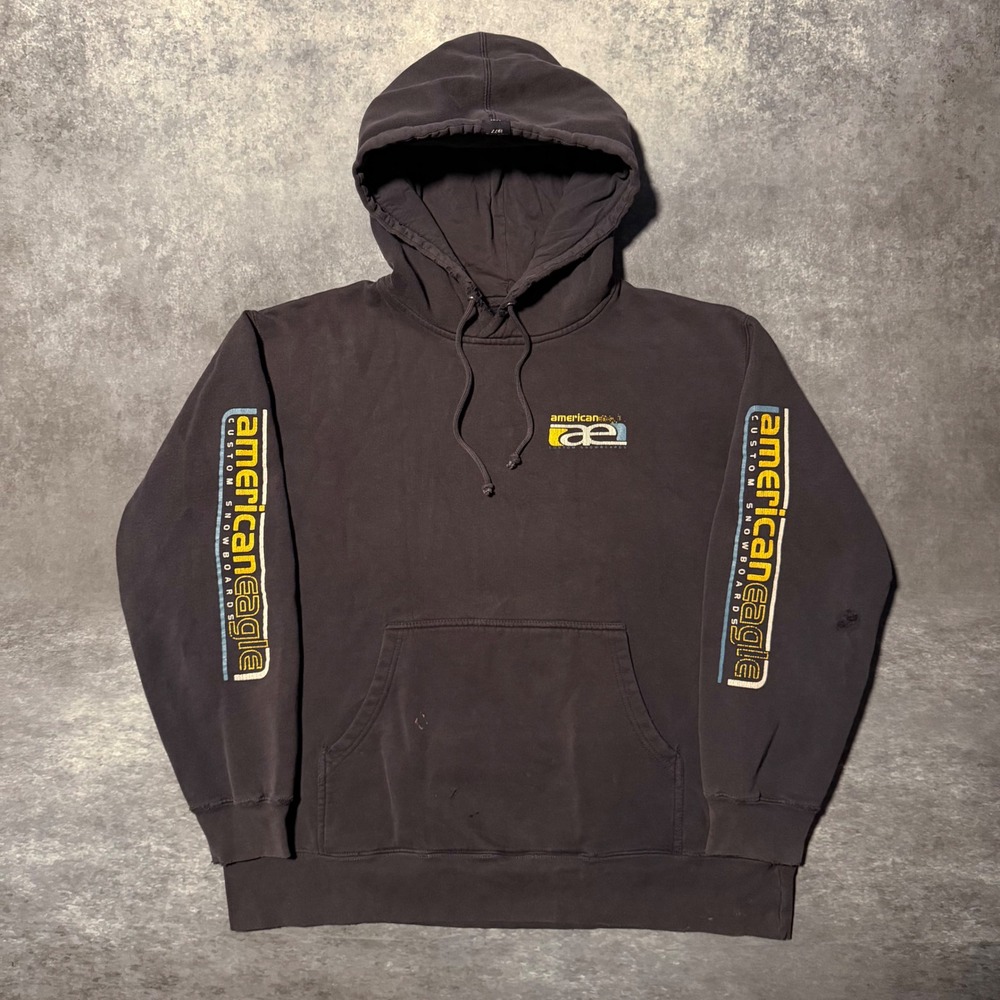 Vintage Y2K American Eagle Snowboards Hoodie Medium Navy Blue Big Back Logo